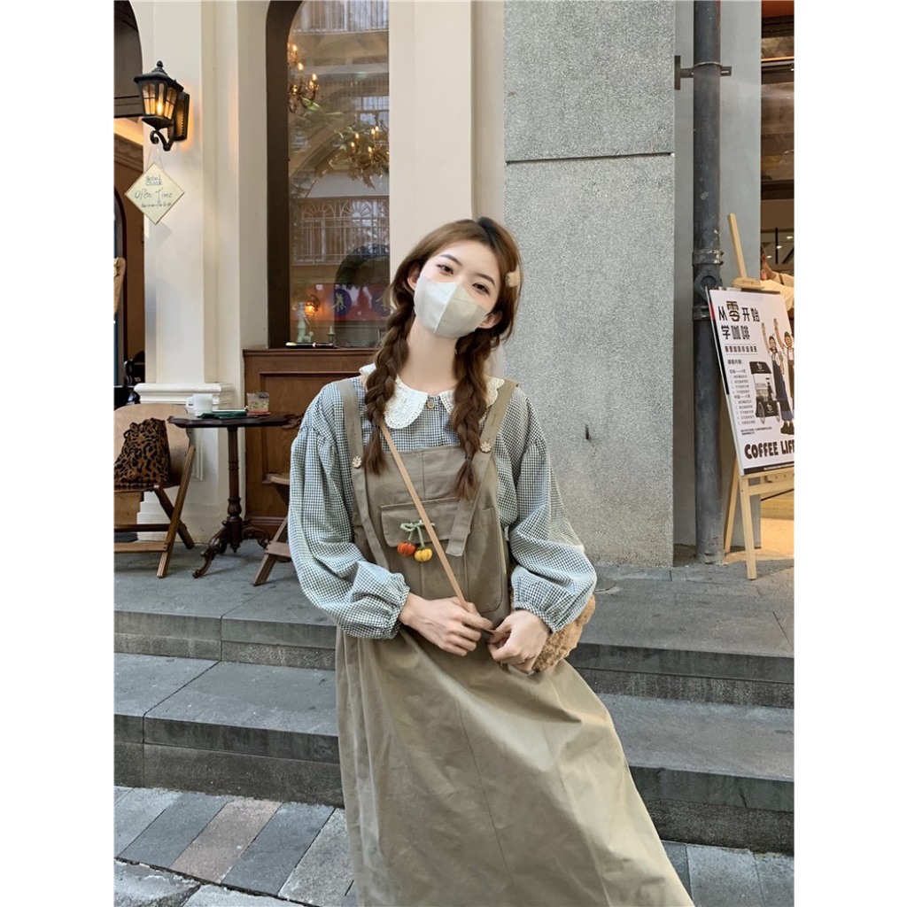 SET ÁO SƠ MI BBD CARO CỔ REN BÈO SEN TRẮNG TAY PHỒNG + ĐẦM YẾM NÂU RÚT DÂY 2 BÊN  ONEC