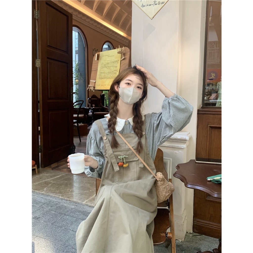 SET ÁO SƠ MI BBD CARO CỔ REN BÈO SEN TRẮNG TAY PHỒNG + ĐẦM YẾM NÂU RÚT DÂY 2 BÊN  ONEC