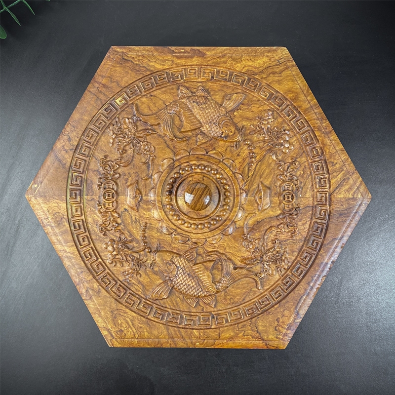 Khay đựng bánh kẹo tết,Hộp đựng bánh kẹo trang trí phòng khách khắc hình song ngư gỗ hương - BK 05