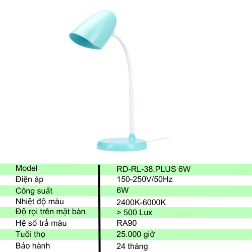 Đèn bàn bảo vệ thị lực Rạng Đông Model: RD-RL-38.PLUS 6W đổi 3 màu ánh sáng dimming 3 cấp độ