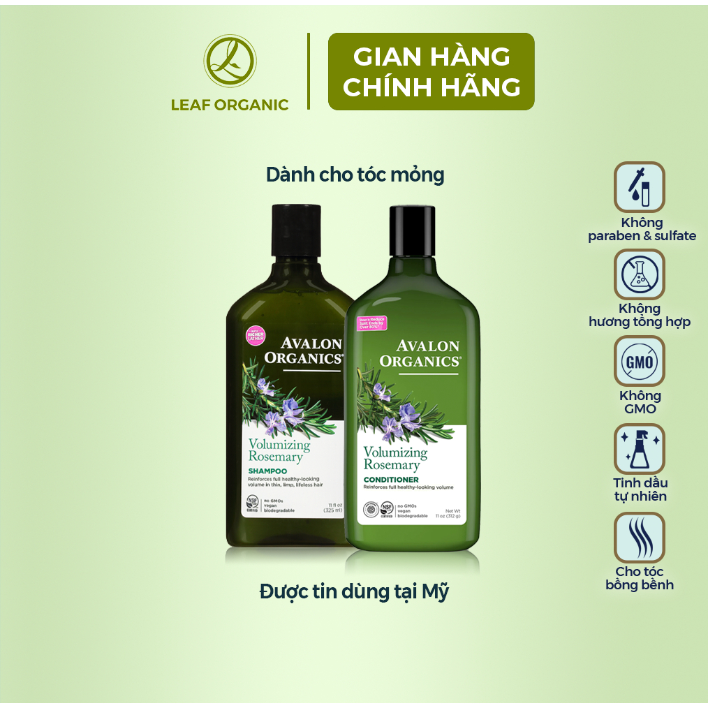 Dầu gội và dầu xả hữu cơ Avalon Organics hương Rosemary dành cho tóc mỏng