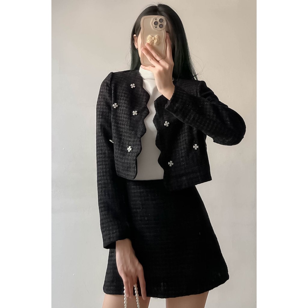 Set áo dạ croptop đính đá kèm chân váy ngắn - Retrostyle - Setda204_P2K10