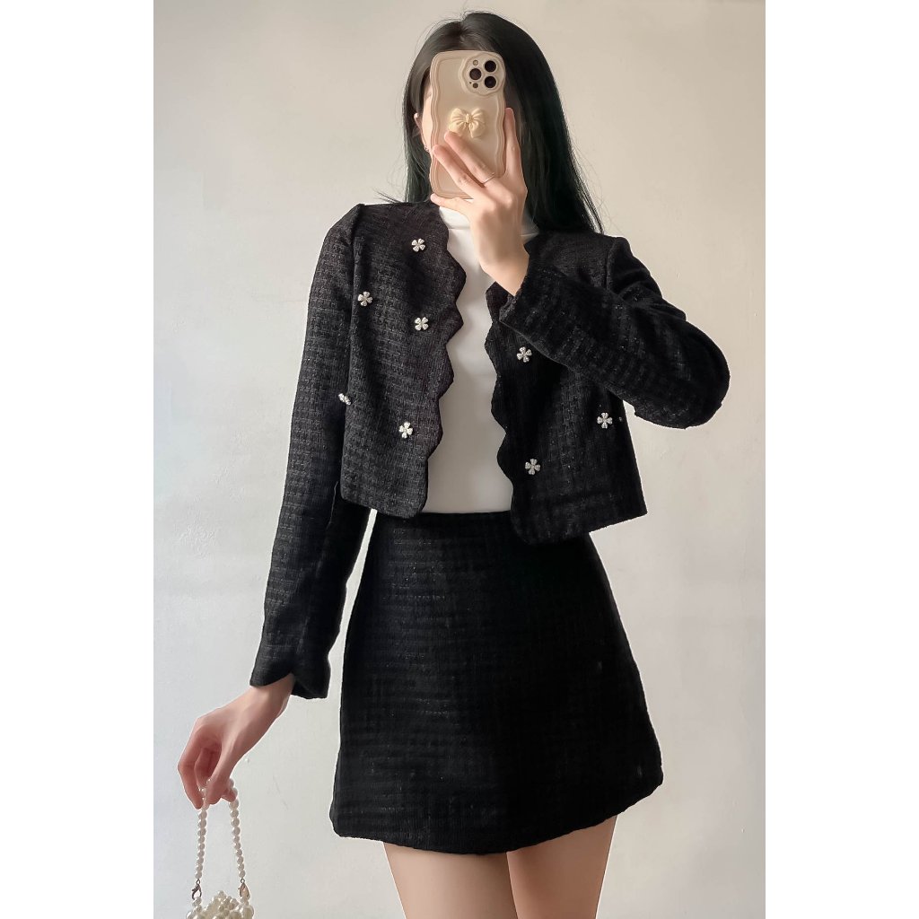 Set áo dạ croptop đính đá kèm chân váy ngắn - Retrostyle - Setda204_P2K10