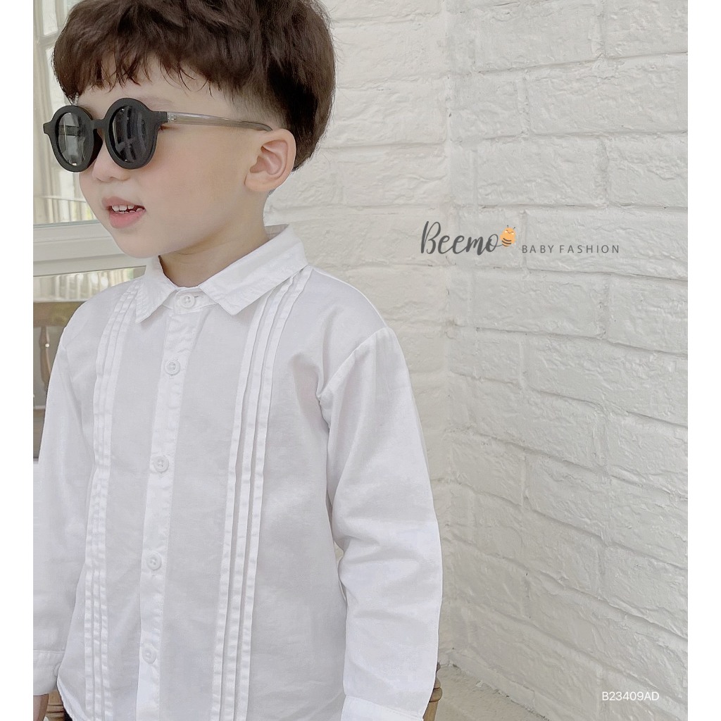 Áo sơ mi dài tay Beemo cho bé trai, xếp li nổi , vải thô Hàn cao cấp, mặc đi học, đi chơi B23409AD