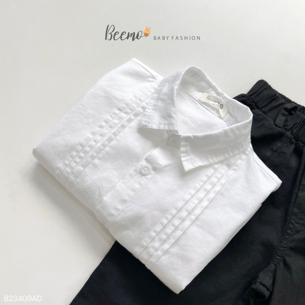 Áo sơ mi dài tay Beemo cho bé trai, xếp li nổi , vải thô Hàn cao cấp, mặc đi học, đi chơi B23409AD