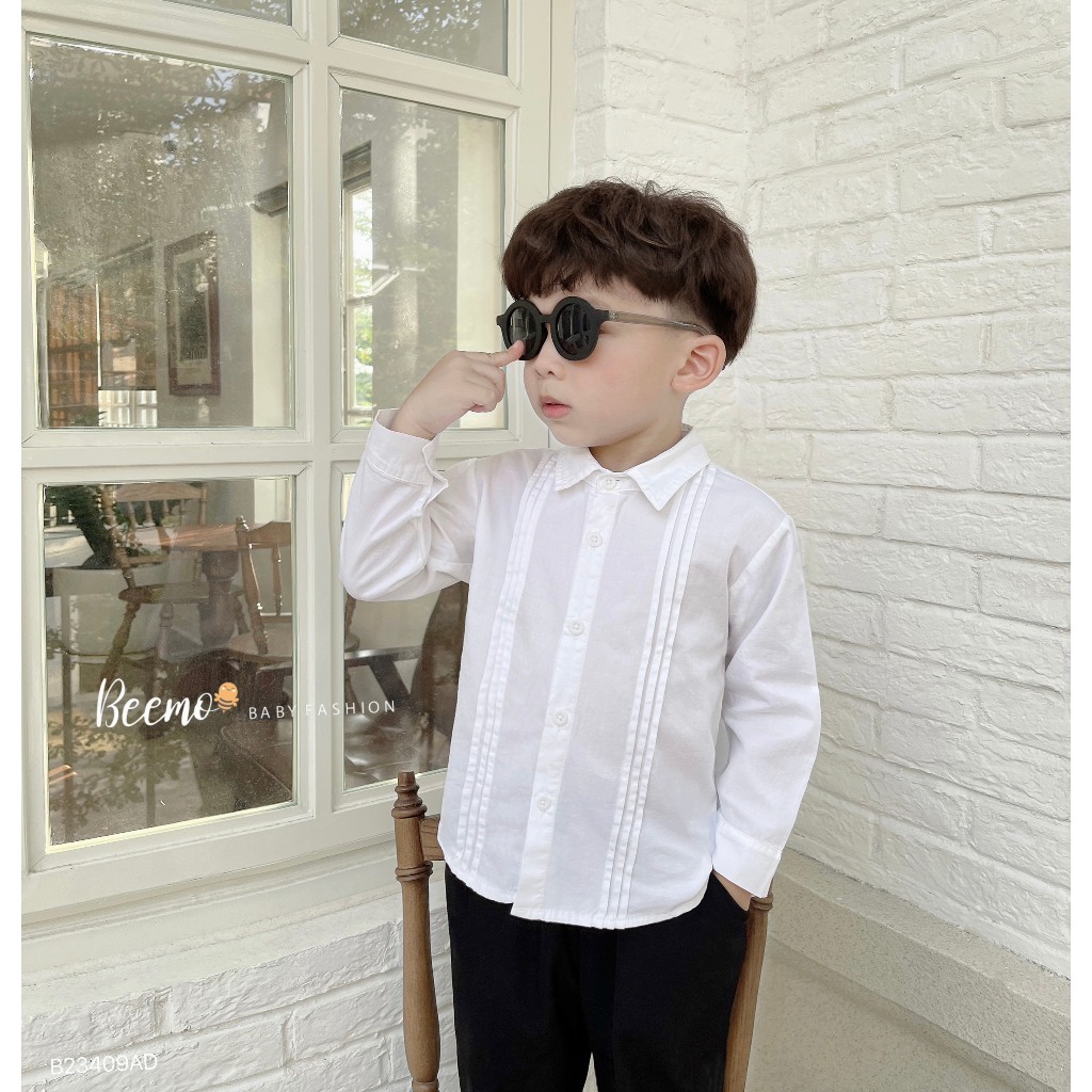Áo sơ mi dài tay Beemo cho bé trai, xếp li nổi , vải thô Hàn cao cấp, mặc đi học, đi chơi B23409AD