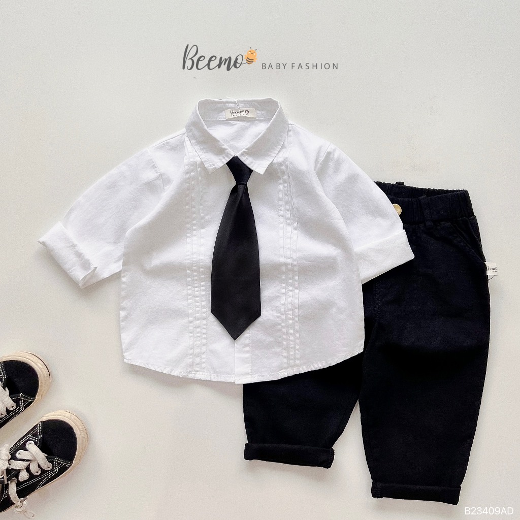 Áo sơ mi dài tay Beemo cho bé trai, xếp li nổi , vải thô Hàn cao cấp, mặc đi học, đi chơi B23409AD