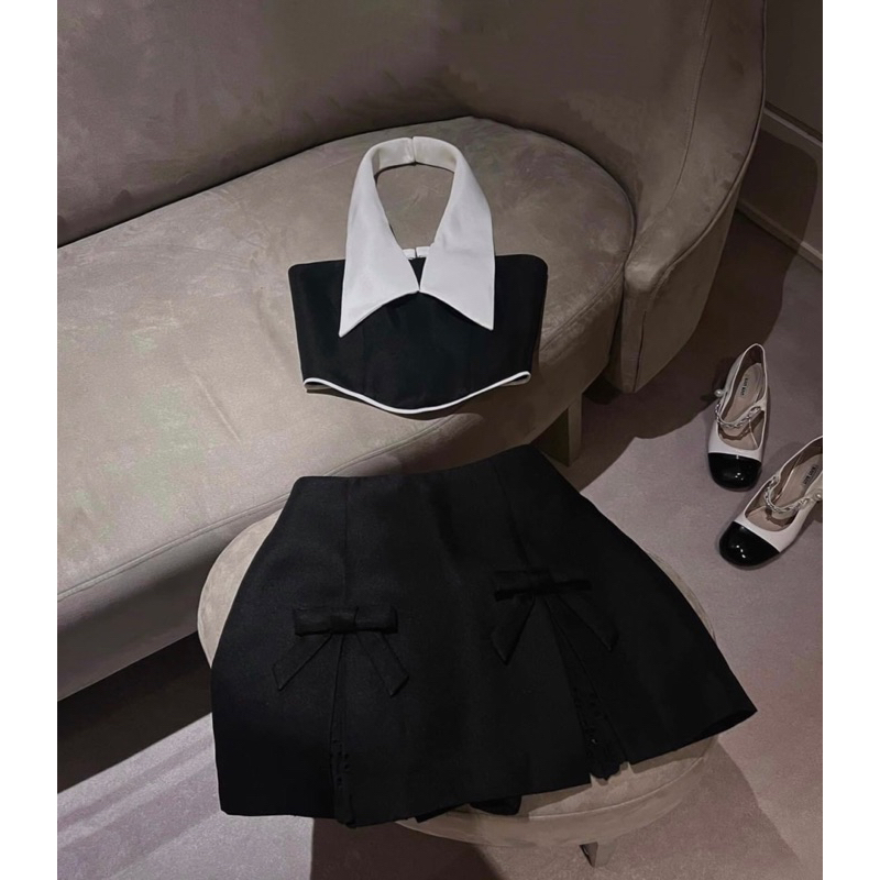 SET ÁO CROP CỔ SƠ MI + CHÂN VÁY NƠ