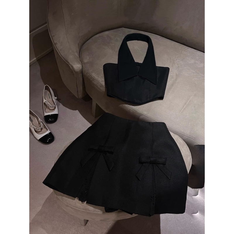 SET ÁO CROP CỔ SƠ MI + CHÂN VÁY NƠ