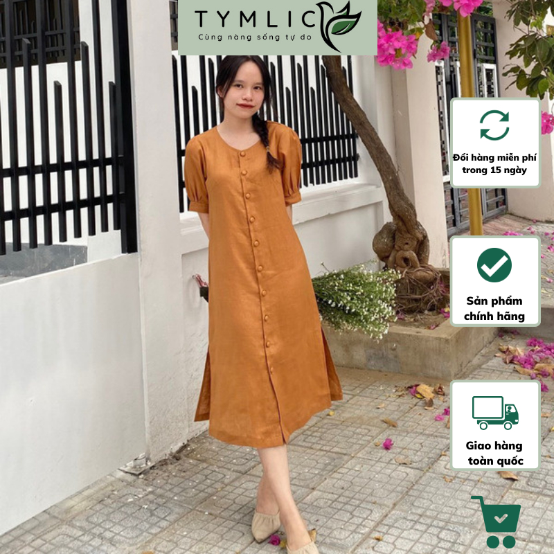 Đầm Suông Linen Tưng Premium Tay Phồng Nút Bọc Màu Cam Cháy TYMLIC