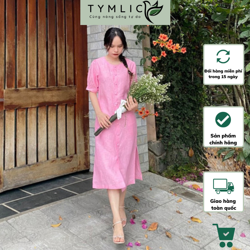Đầm Suông Linen Tưng Premium Tay Phồng Nút Bọc Màu Hồng TYMLIC