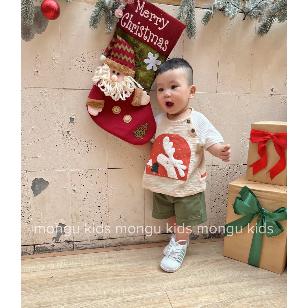 Quần áo thiết kế bé trai _ noel_giáng sinh qua ô cửa_vải linen,vải muslin