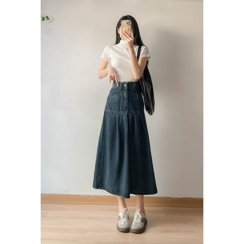 Chân váy jean xếp ly 2 màu xanh nhạt, xanh đậm- Retrostyle - CVJeancaptuarua1321.1326_P11K5