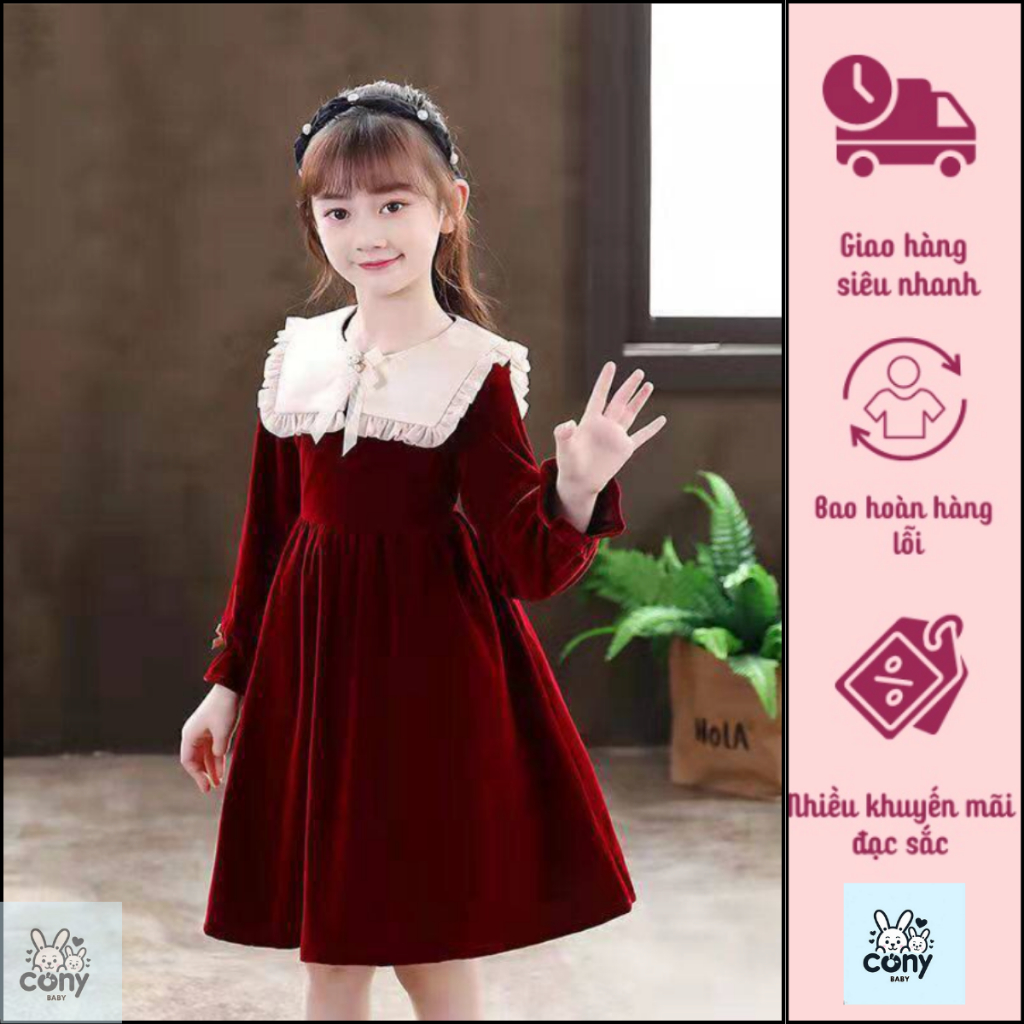 Váy Nhung Cho Bé Gái Diện Tết ,Noel Siêu Xinh Hàng Thiết Kế ,Ảnh Thật