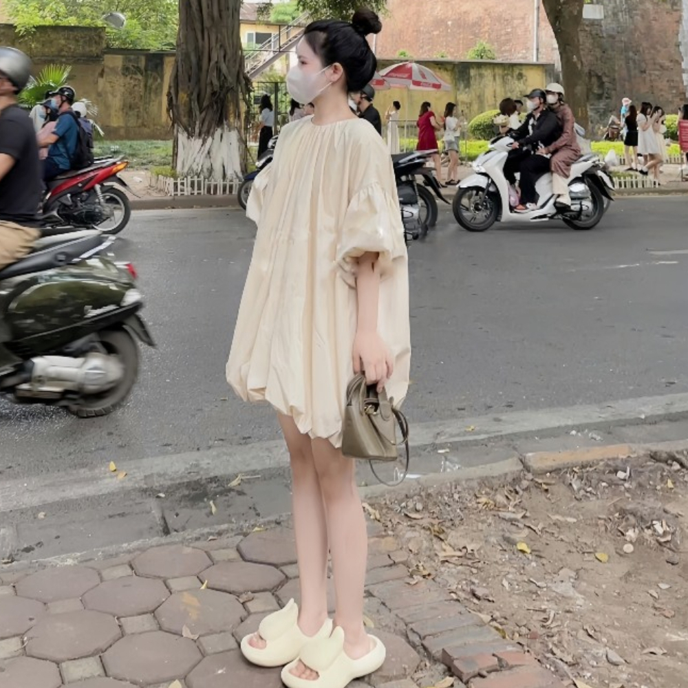 Váy thô babydoll cổ tròn tay lỡ phồng 2 lớp, váy dáng bí bồng bềnh dễ thương