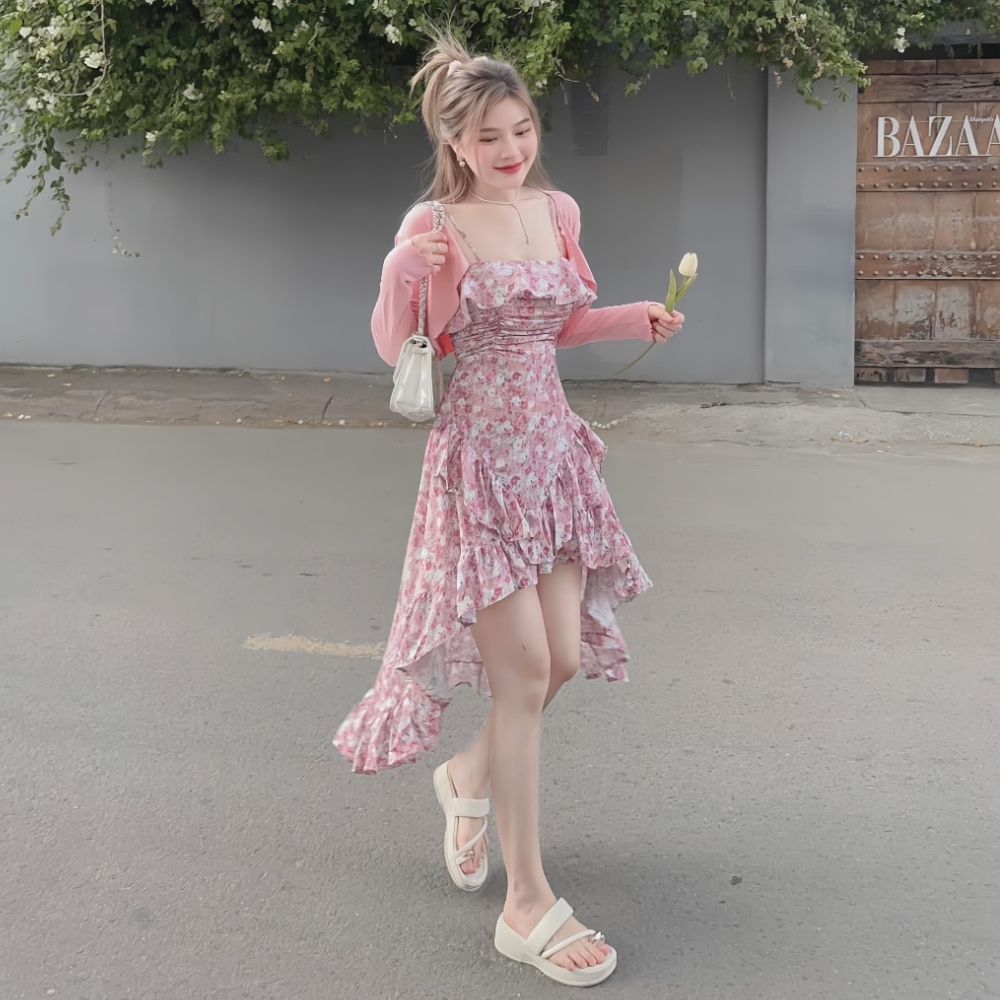 Sét váy hoa nhí 2 dây với áo cadigan chất mỏng thun gân, váy đuôi xẻ tà siêu xinh