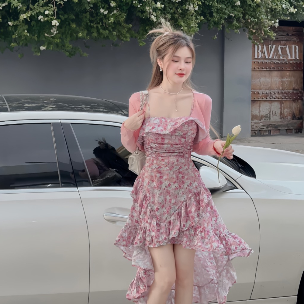 Sét váy hoa nhí 2 dây với áo cadigan chất mỏng thun gân, váy đuôi xẻ tà siêu xinh