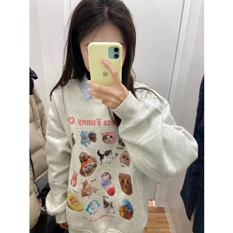 Áo sweater màu xám trắng, áo nỉ chất liệu dầy dặn hình thú mèo siêu yêu siêu cưng MT23