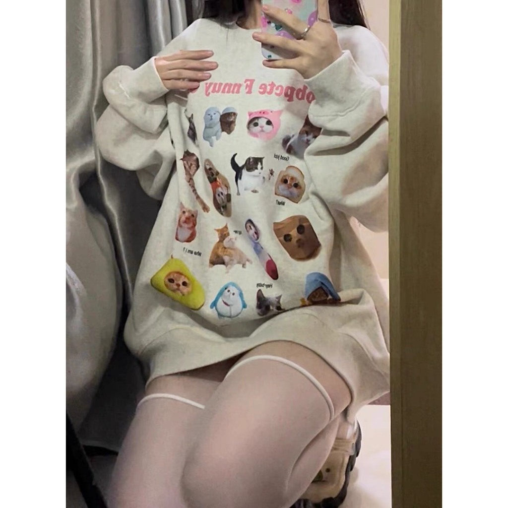 Áo sweater màu xám trắng, áo nỉ chất liệu dầy dặn hình thú mèo siêu yêu siêu cưng MT23