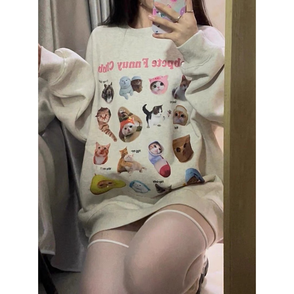 Áo sweater màu xám trắng, áo nỉ chất liệu dầy dặn hình thú mèo siêu yêu siêu cưng MT23