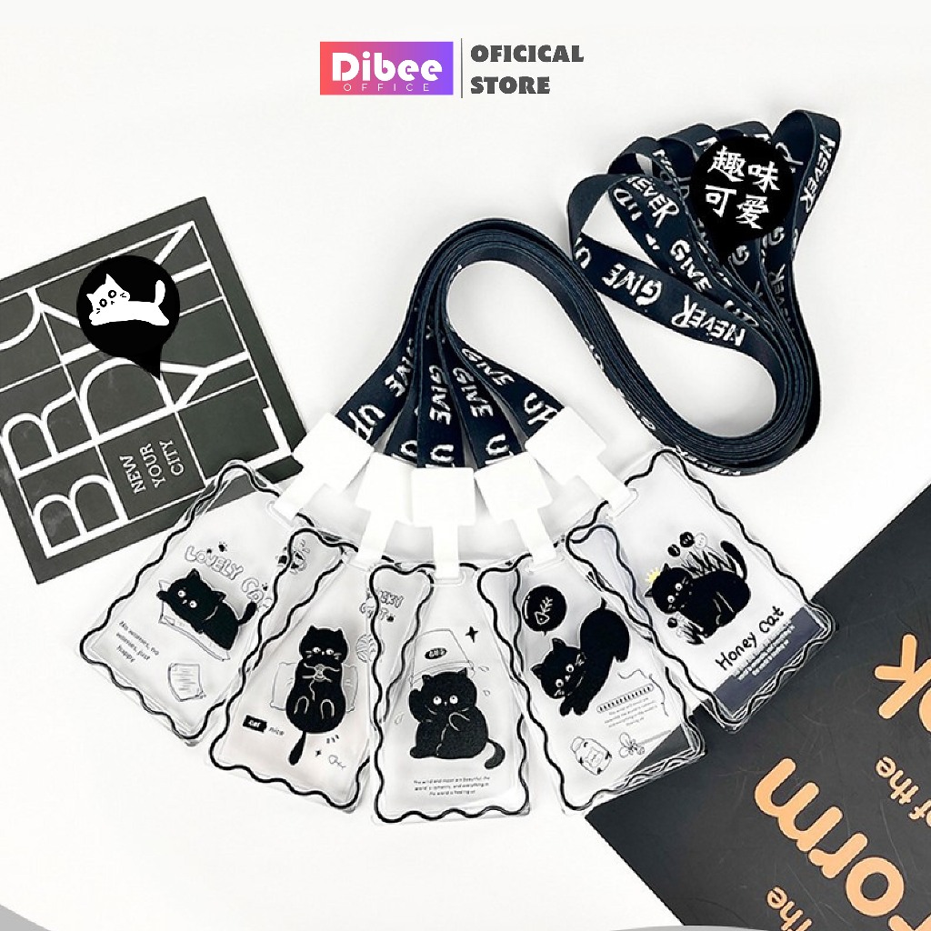 Dây đeo thẻ học sinh DiBee, thẻ dây đeo hình mèo đen dễ thương, thẻ trong suốt, quẹt cảm ứng tiện lợi T24