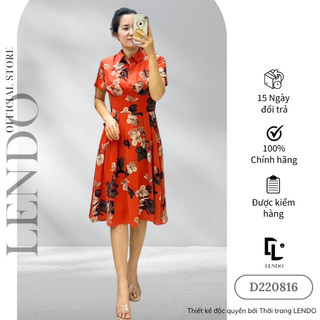 Đầm lụa hoa cam cổ đức LENDO chất liệu lụa họa tiết che khuyết điểm cực tốt D220816