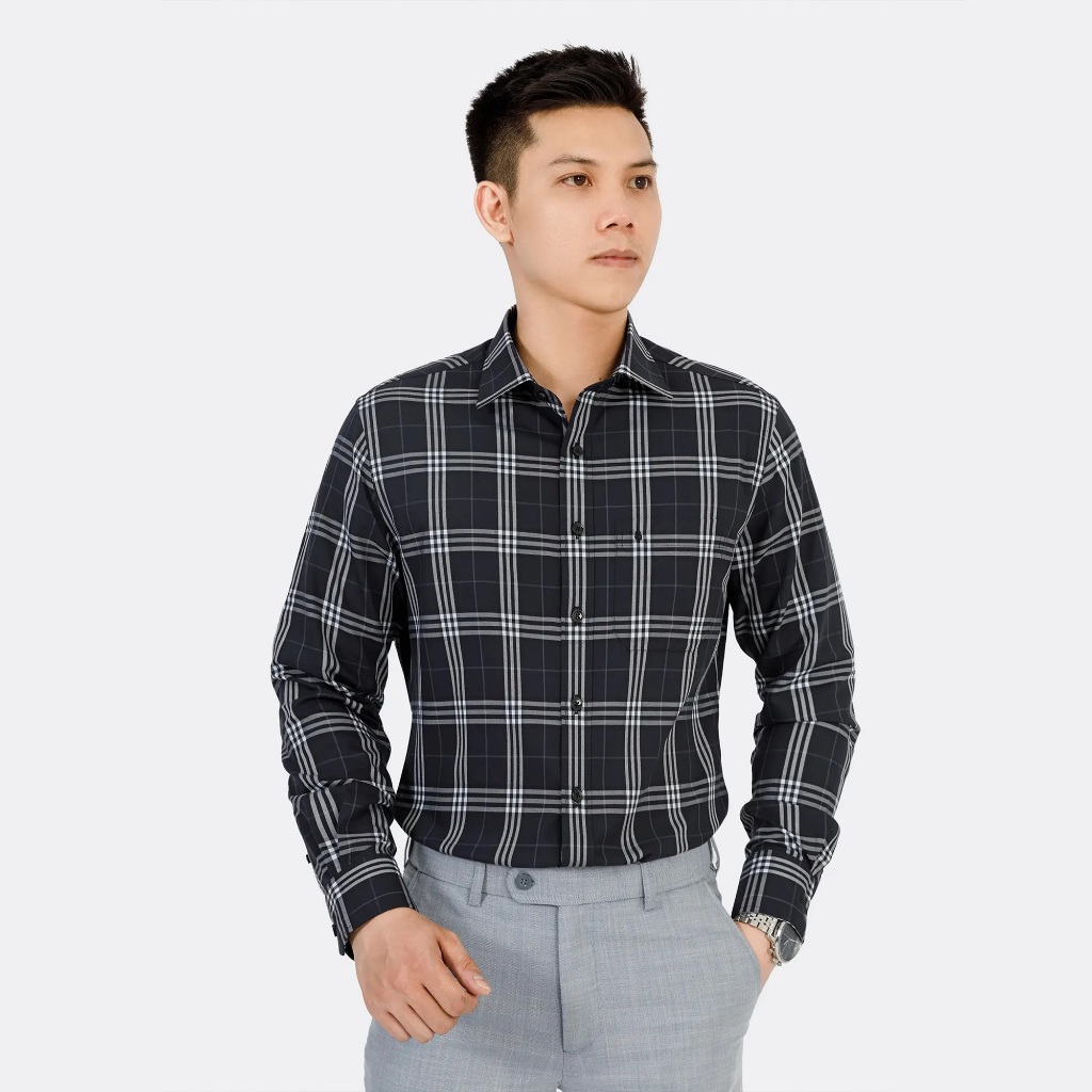 Áo Sơ Mi Dài Tay Nam Vải Sợi Tre 3037A Kẻ Caro Màu Xanh Đen - Vulcano