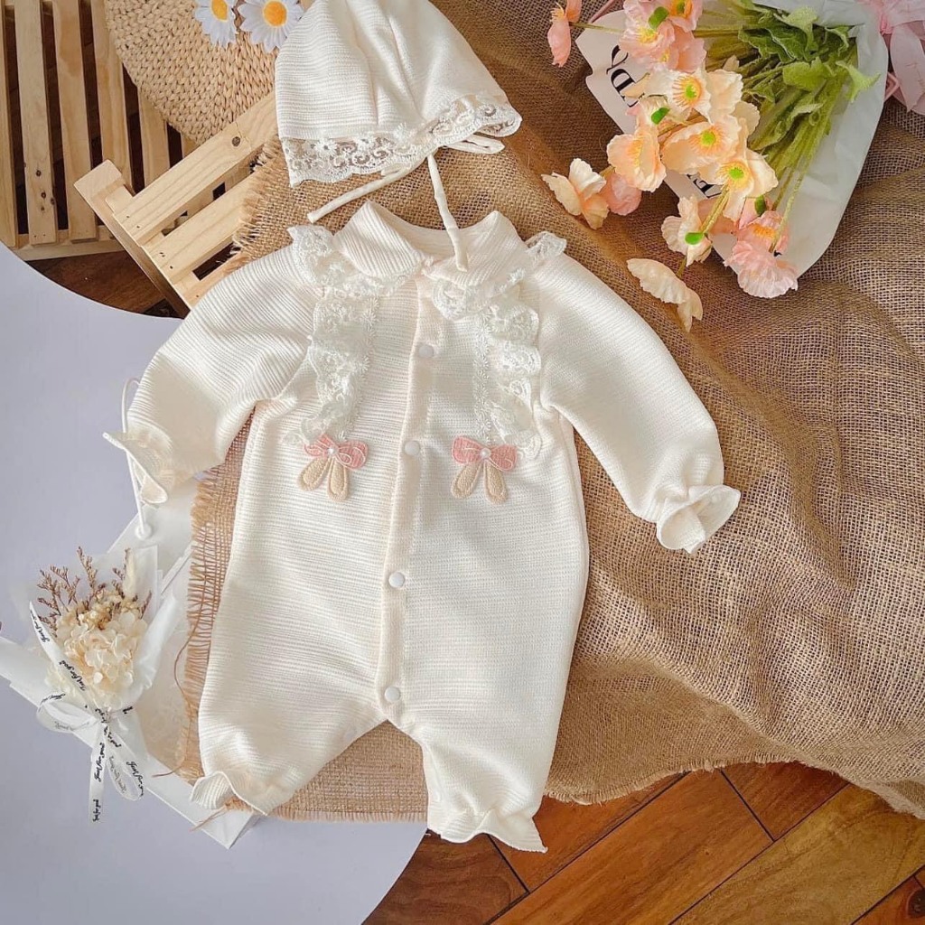 Set Body Tăm Gạo Màu Trắng Sữa Kèm Mũ Cho Bé
