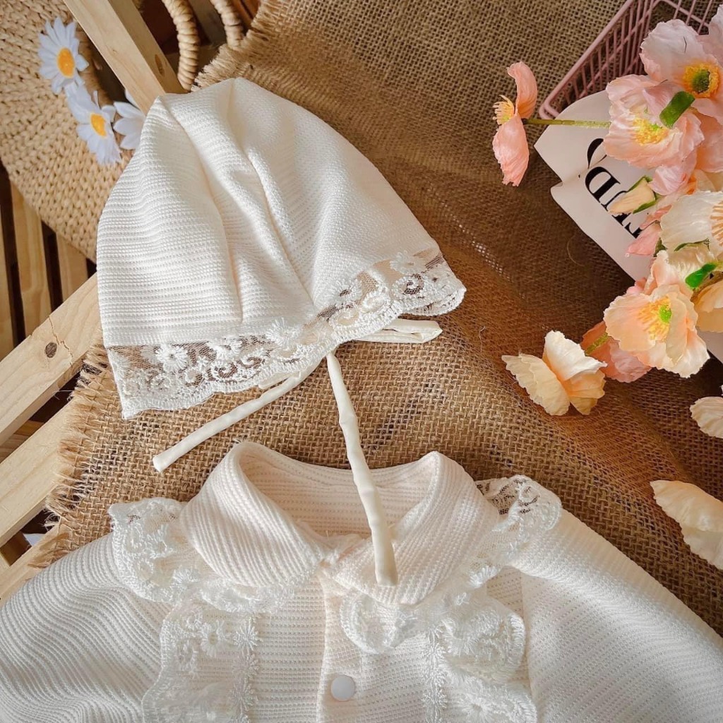 Set Body Tăm Gạo Màu Trắng Sữa Kèm Mũ Cho Bé