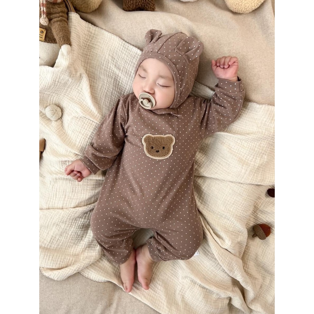Body Dài Tay Quần Dài Gấu Chấm Bi Kèm Mũ Cho Bé