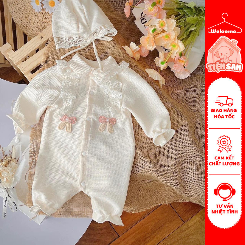 Set Body Tăm Gạo Màu Trắng Sữa Kèm Mũ Cho Bé