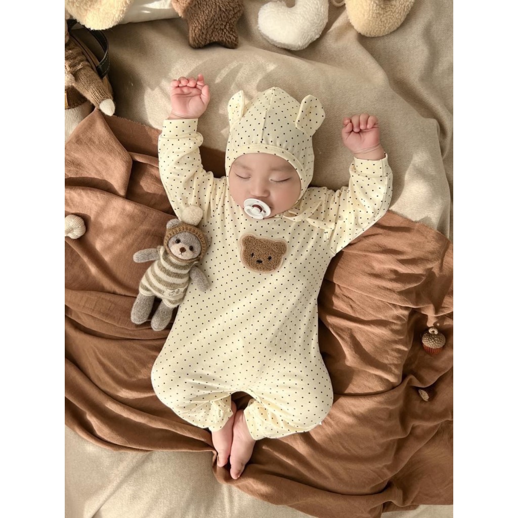 Body Dài Tay Quần Dài Gấu Chấm Bi Kèm Mũ Cho Bé