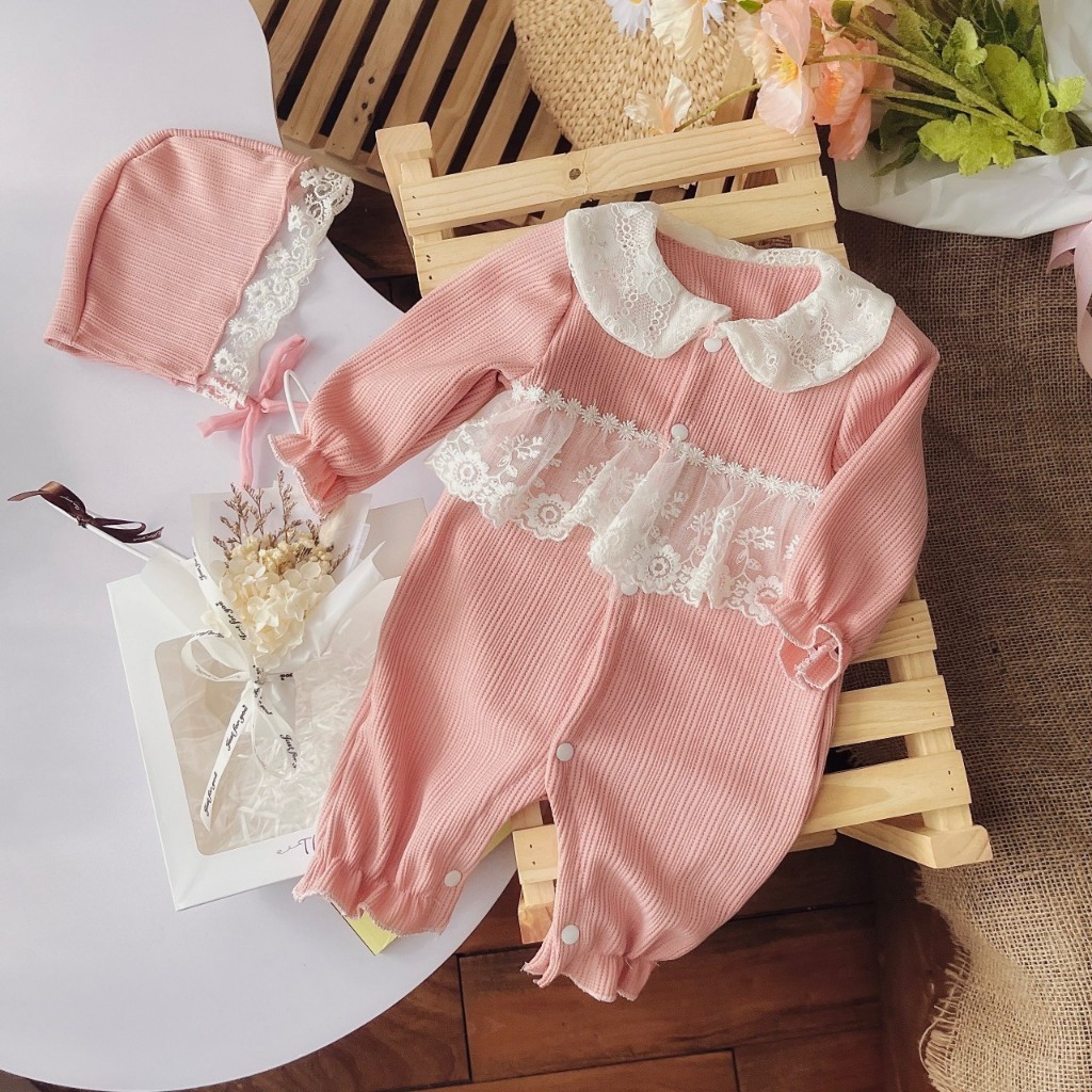 Set Body Tăm Gạo Màu Hồng Sữa Kèm Mũ Cho Bé Điệu Đà Đáng Yêu
