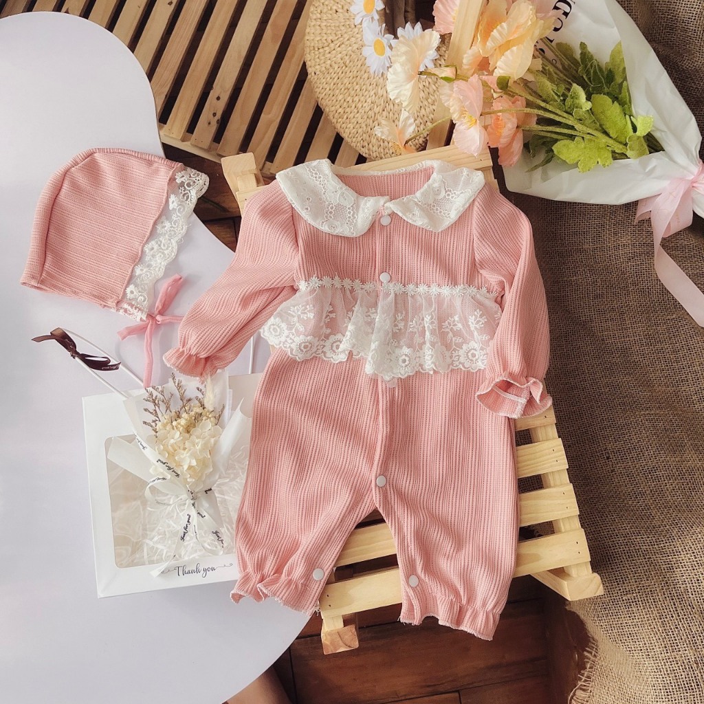 Set Body Tăm Gạo Màu Hồng Sữa Kèm Mũ Cho Bé Điệu Đà Đáng Yêu