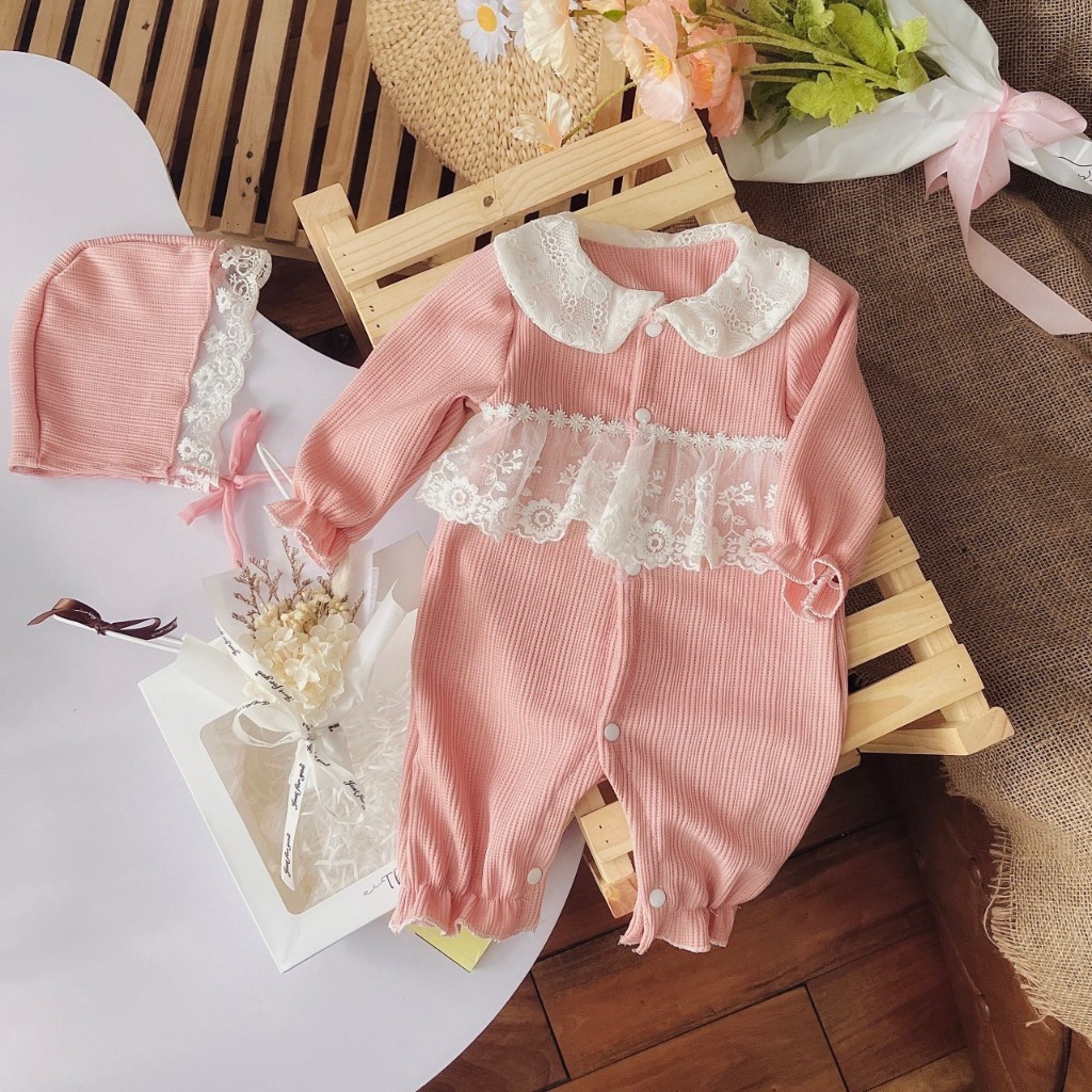 Set Body Tăm Gạo Màu Hồng Sữa Kèm Mũ Cho Bé Điệu Đà Đáng Yêu