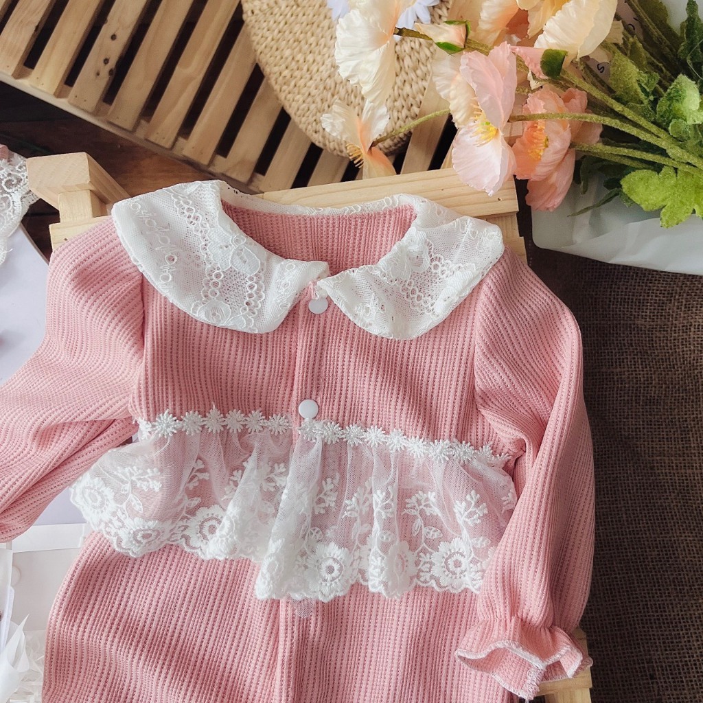 Set Body Tăm Gạo Màu Hồng Sữa Kèm Mũ Cho Bé Điệu Đà Đáng Yêu