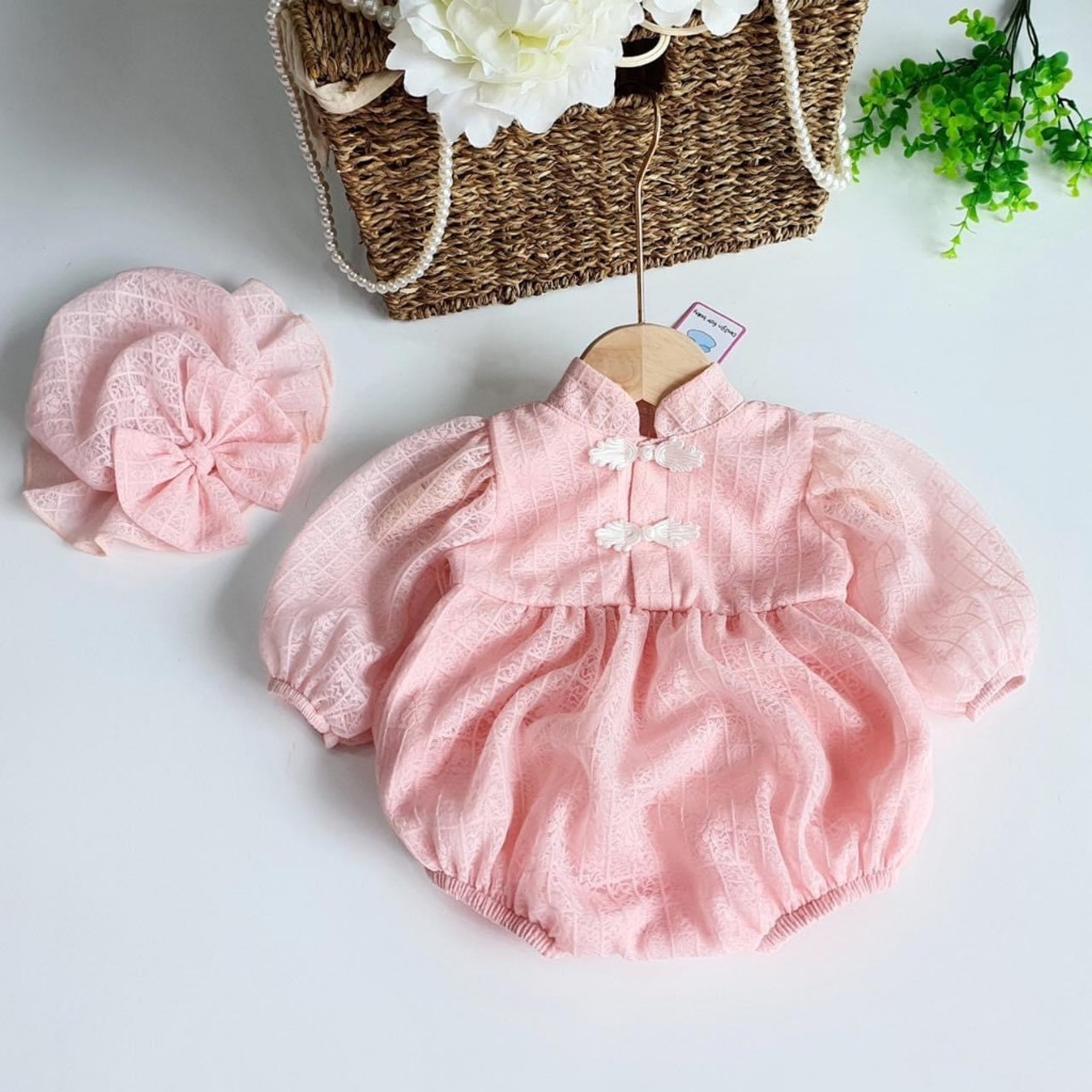 Set Body Chip Cổ Tàu Kèm Mũ Màu Hồng Baby Đáng  Yêu