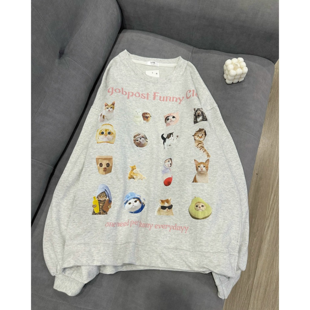 Áo sweater màu xám trắng, áo nỉ chất liệu dầy dặn hình thú mèo siêu yêu siêu cưng MT23