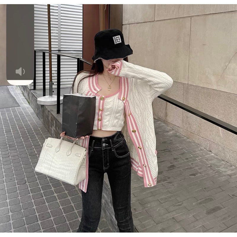 Áo Khoác Len Cardigan Kẻ Viền Hồng Cho Nữ