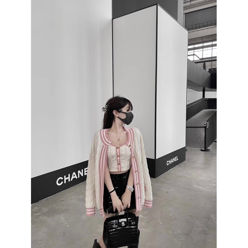 Áo Khoác Len Cardigan Kẻ Viền Hồng Cho Nữ