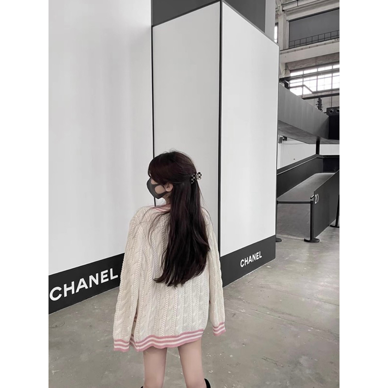 Áo Khoác Len Cardigan Kẻ Viền Hồng Cho Nữ