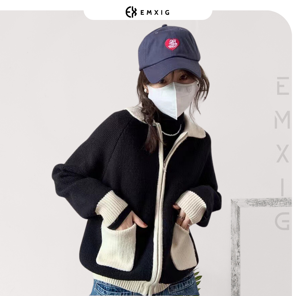 Áo khoác len Emxig phiên bản mix màu cá tính E05