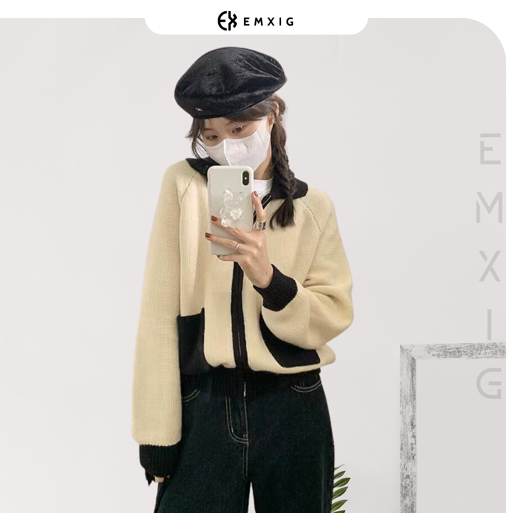 Áo khoác len Emxig phiên bản mix màu cá tính E05