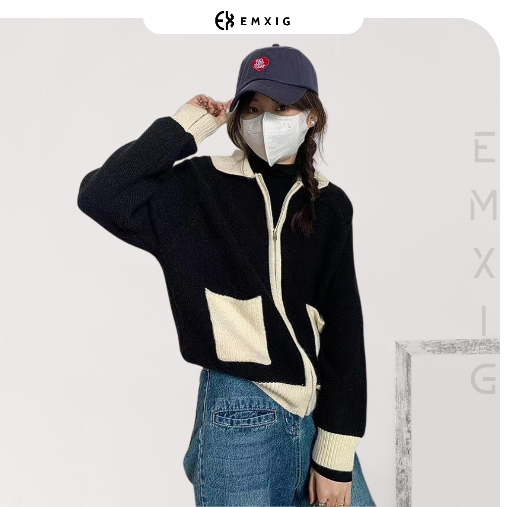 Áo khoác len Emxig phiên bản mix màu cá tính E05