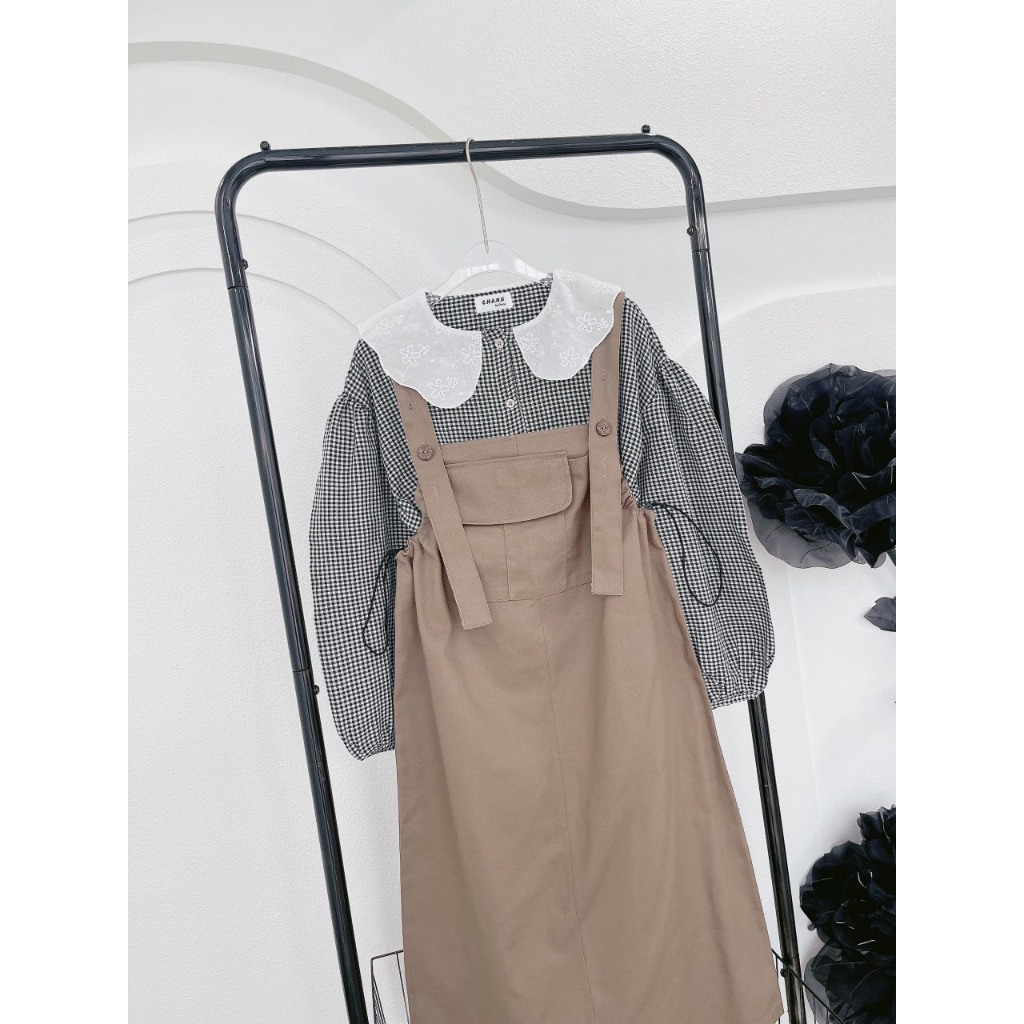 SET ÁO SƠ MI BBD CARO CỔ REN BÈO SEN TRẮNG TAY PHỒNG + ĐẦM YẾM NÂU RÚT DÂY 2 BÊN  SHEEP