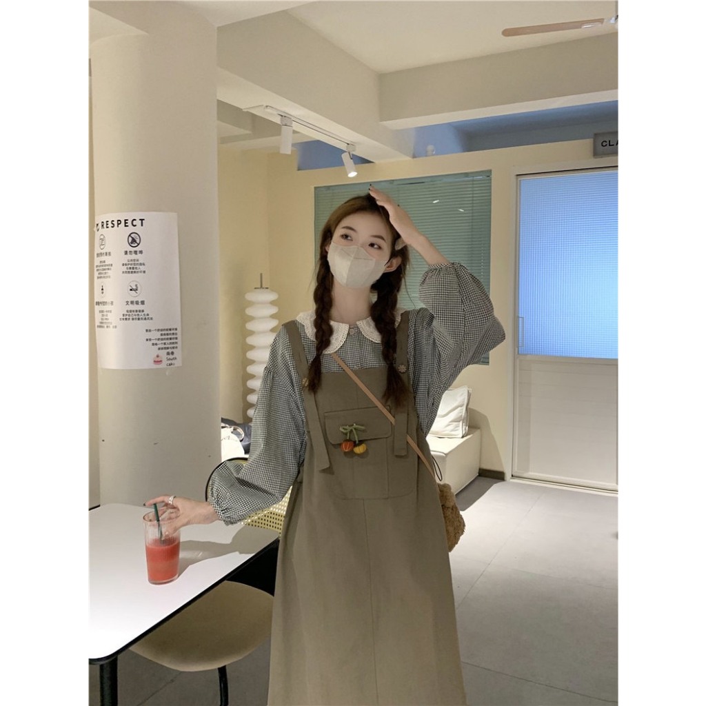 SET ÁO SƠ MI BBD CARO CỔ REN BÈO SEN TRẮNG TAY PHỒNG + ĐẦM YẾM NÂU RÚT DÂY 2 BÊN  SHEEP