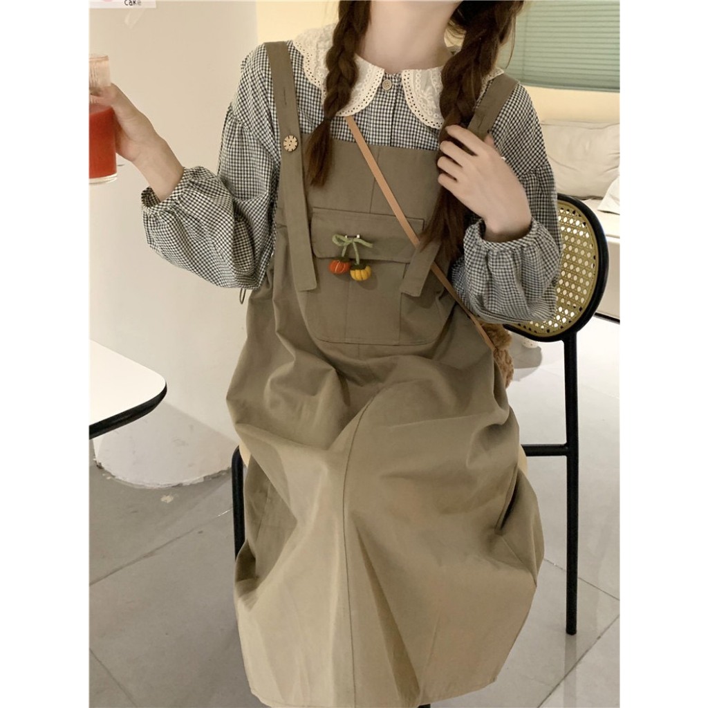 SET ÁO SƠ MI BBD CARO CỔ REN BÈO SEN TRẮNG TAY PHỒNG + ĐẦM YẾM NÂU RÚT DÂY 2 BÊN  SHEEP