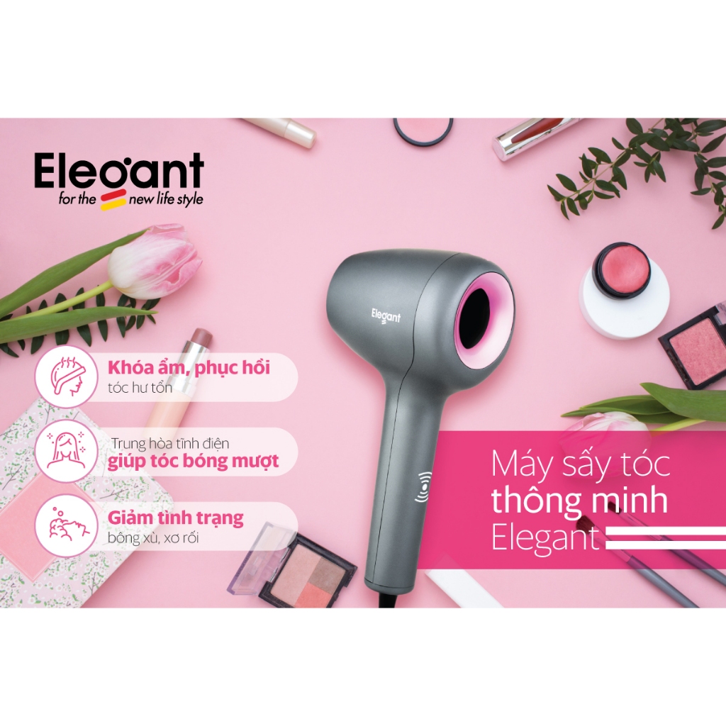 Máy sấy tóc thông minh ion âm ELEGANT D9898 giữ ẩm cho tóc giảm khô sơ gẫy rụng công suất 1800w BH 12 tháng