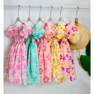 Đầm bé gái voan tơ smock ngực tay bồng, xòe rộng