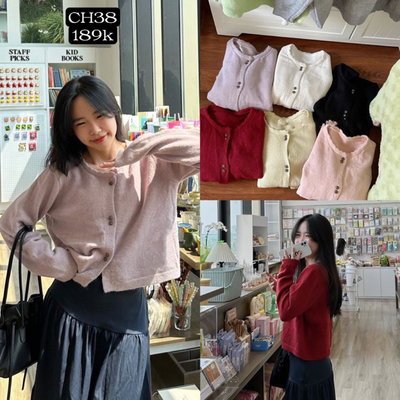 CH38 Áo Khoác Len Cardigan Khuy Hoa Hồng BOCONGANH